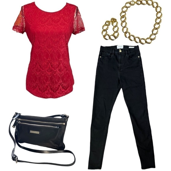 Notations Red Lace Layered Short Sleeve Shirt sz M - Picture 10 of 13